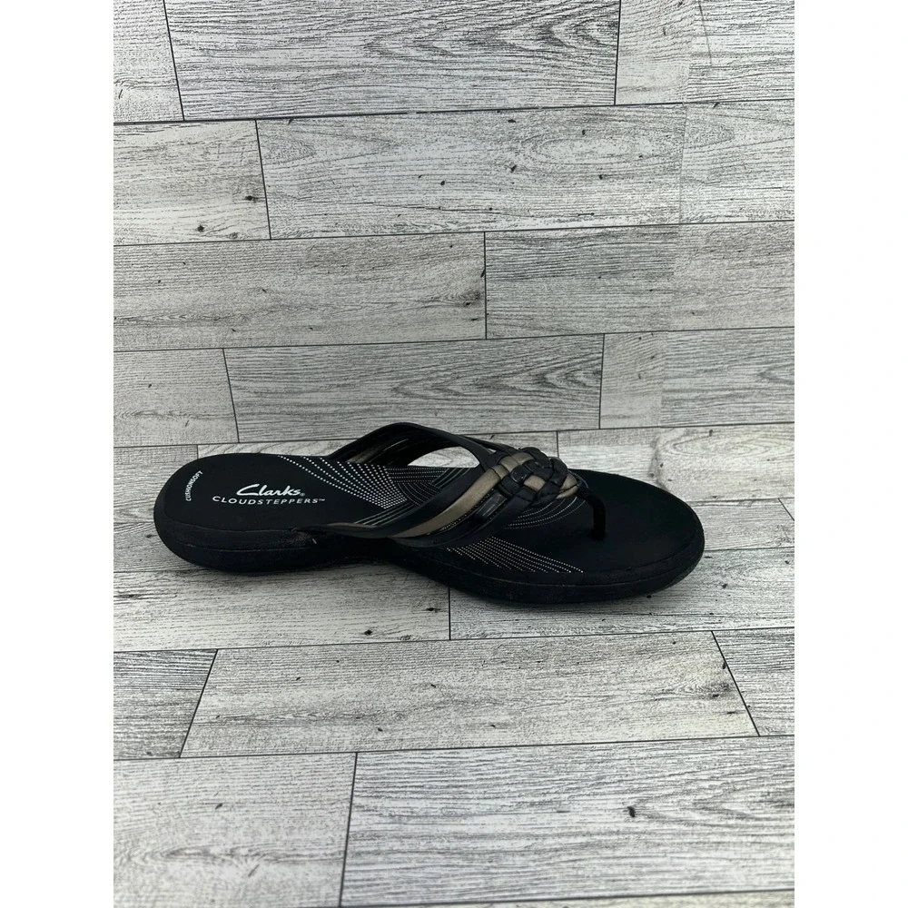 Clarks‎ Cloudsteppers Arla Kaylie Women Size 7 Black Pewter Flip Flop Sandals